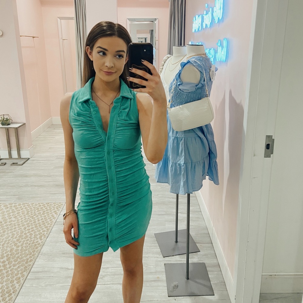 Blue Blush Collared Ruched Slinky Mini Dress Size Small